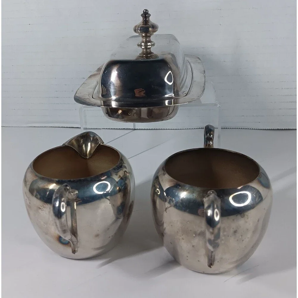 Wallace Silverplate Lot Creamer Sugar Bowl Butter Tray Dish With Glass Insert